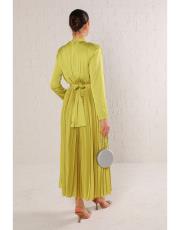 yağ yeşili piliseli saten elbise 2