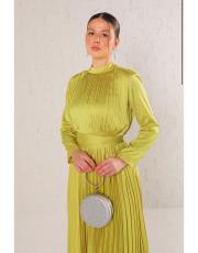 yağ yeşili piliseli saten elbise 3