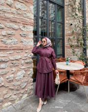 bordo poplin etekli takım