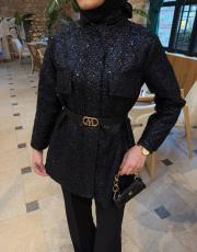 siyah kemerli payet ceket 2