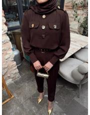 kahve düğme detaylı takım