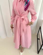 pudra bağlamalı poplin elbise 3