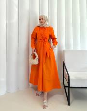 turuncu bağlamalı poplin elbise