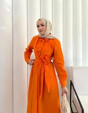 turuncu bağlamalı poplin elbise 2