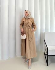 bej bağlamalı poplin elbise