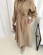 bej bağlamalı poplin elbise 2