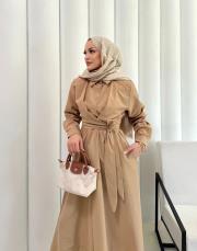 bej bağlamalı poplin elbise 3