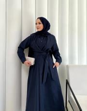 lacivert bağlamalı poplin elbise