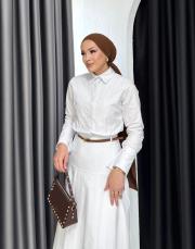 beyaz kemerli poplin elbise