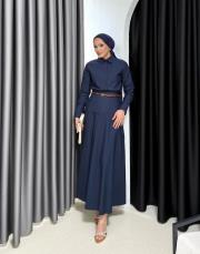 lacivert kemerli poplin elbise