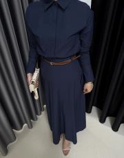 lacivert kemerli poplin elbise 3