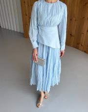 bebe mavi vual kuşaklı elbise 2