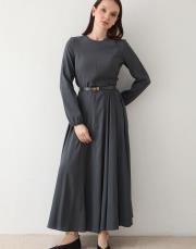 antrasit kemerli modal elbise