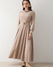 bej kemerli modal elbise