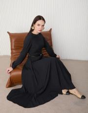 lacivert kemerli modal elbise