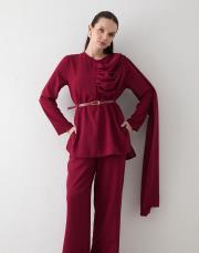 bordo kemerli şal detaylı takım