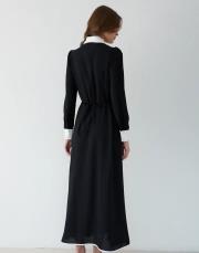 siyah biyeli broşlu krep elbise 3