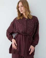 bordo taşlı pantolonlu takım