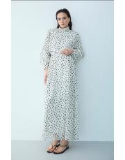 bej şifon puantiye elbise