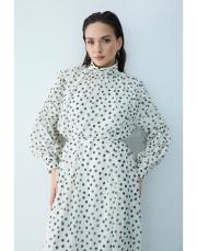 bej şifon puantiye elbise 2