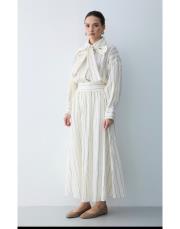 krem çizgili etek takım