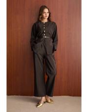 kahve düğmeli kemerli takım