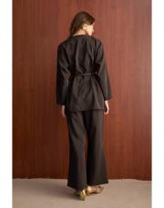 kahve düğmeli kemerli takım 3