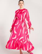 fuşya fırça desen saten elbise
